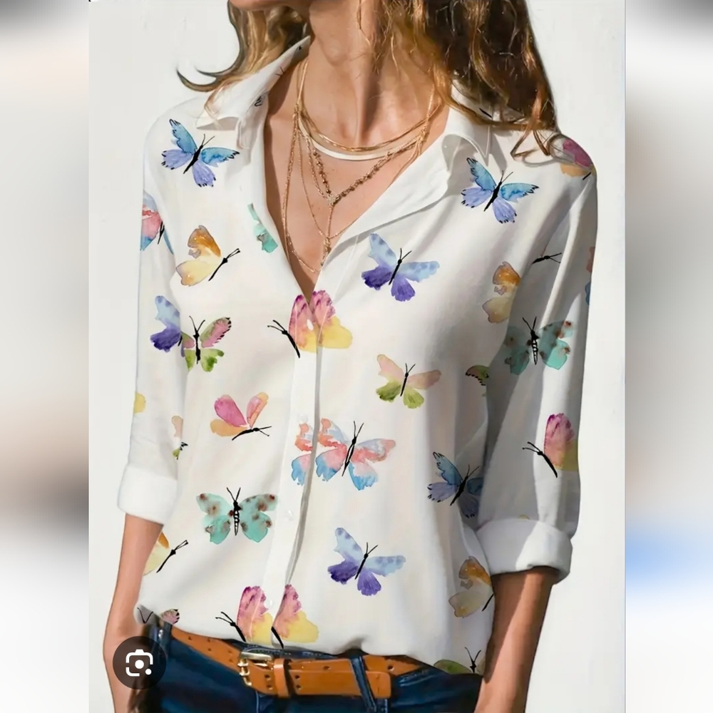 Colorful Butterfly Print Button-Up Blouse